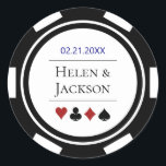 Poker Chip in Blue Black White Las Vegas Wedding Classic Round Sticker<br><div class="desc">These poker chip wedding stickers,  in blue,  black,  white,  and red,  would make a perfect addition to your guest's favors or to seal their casino style invitations. Personalize your design with your names in black in the center,  and a wedding date,  thank you,  etc. in blue on top.</div>