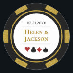 Poker Chip in Gold Black White Las Vegas Wedding Classic Round Sticker<br><div class="desc">These poker chip wedding stickers,  in gold,  black,  white,  and red,  would make a perfect addition to your guest's favors or to seal their casino style invitations. Personalize your design with your names in gold in the center,  and a wedding date,  thank you,  etc. in black on top.</div>