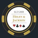 Poker Chip in Gold Black White Las Vegas Wedding Classic Round Sticker<br><div class="desc">These poker chip wedding stickers,  in gold,  black,  white,  and red,  would make a perfect addition to your guest's favors or to seal their casino style invitations. Personalize your design with your names in gold in the center,  and a wedding date,  thank you,  etc. in black on top.</div>