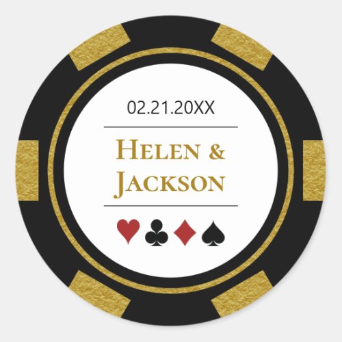 Poker Chip in Gold Black White Las Vegas Wedding Classic Round Sticker