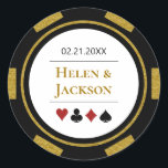 Poker Chip in Gold Black White Las Vegas Wedding Classic Round Sticker<br><div class="desc">These poker chip wedding stickers,  in gold,  black,  white,  and red,  would make a perfect addition to your guest's favors or to seal their casino style invitations. Personalize your design with your names in gold in the center,  and a wedding date,  thank you,  etc. in black on top.</div>