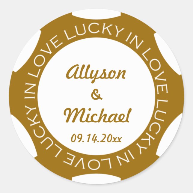 Poker chip lucky in love wedding favor label brown (Front)