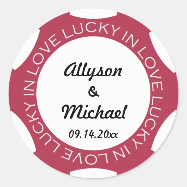 Poker chip lucky in love wedding favor label red (Front)