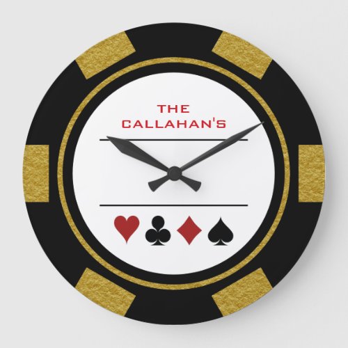 Poker Chip Man Cave Black and Gold Large Clock