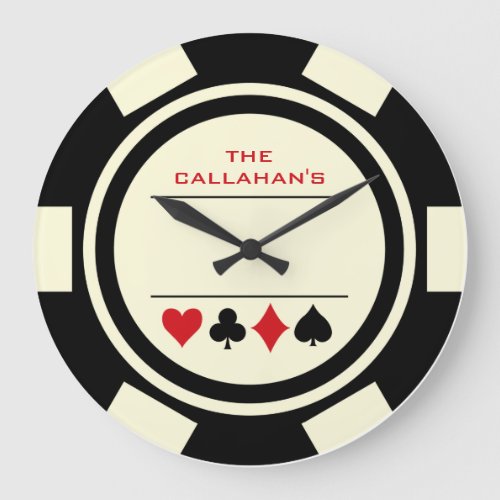 Poker Chip Man Cave Black and White Large Clock