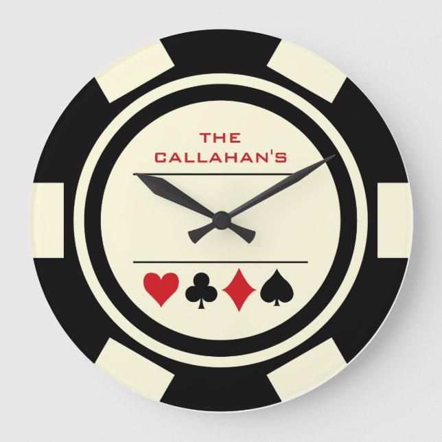 Poker Chip Man Cave Black and White Large Clock (Front)