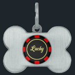 Poker chip marker pet ID tag for dogs and cats<br><div class="desc">Las Vegas poker chip marker pet ID tag for dogs and cats. Personalized metal pet tag for animals. Add your own pet name. Casino gambling coin token in bone shape design. Black and red colors label on keychain ring for neck collar or leash.</div>