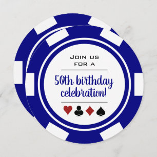 Poker Chip Navy Blue White Vegas Casino Birthday Invitation