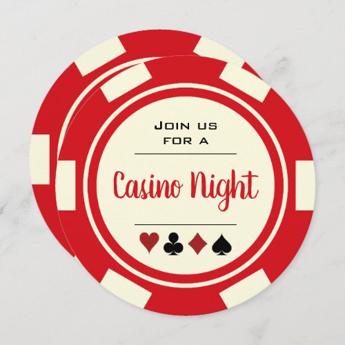 Poker Chip Red Off_White Casino Night Birthday Invitation