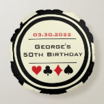 Poker Chip Style Black and Creamy White Birthday Round Pillow<br><div class="desc">This sweet poker chip style round throw pillow would look fantastic on the sofa in the man cave. Celebrate this milestone birthday in style!</div>