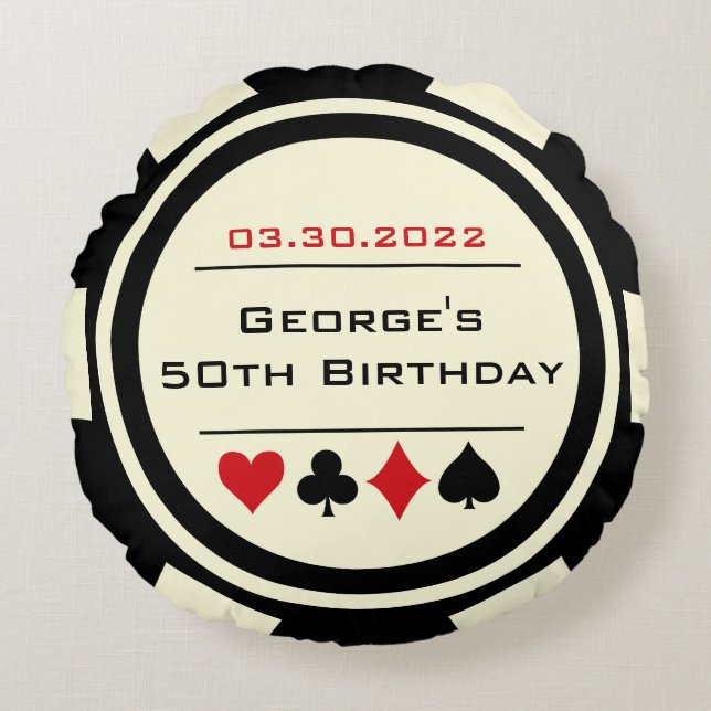 Poker Chip Style Black and Creamy White Birthday Round Pillow (Front)