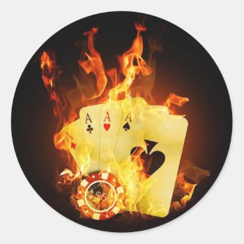 Poker Chips Cards On Fire Classic Round Sticker by Hodge_Retailers at Zazzle
