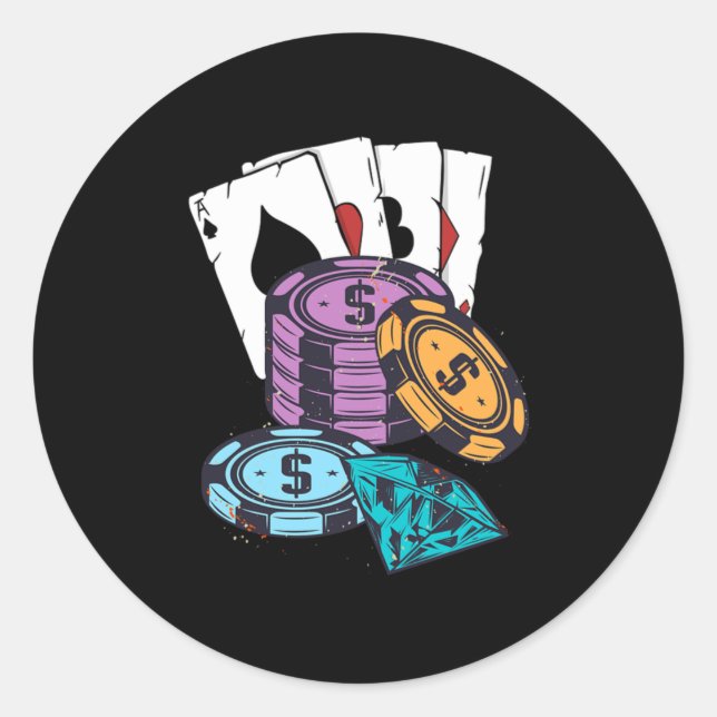 Poker Chips Casino Gambler Holdem Bluff Cards Gift Classic Round Sticker (Front)