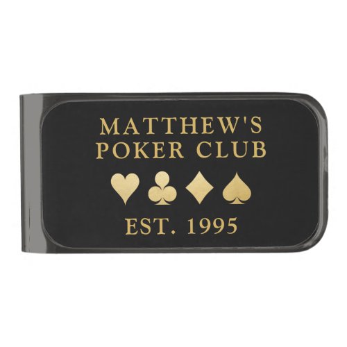 Poker Club Name and Playing Card Suits Gunmetal Finish Money Clip