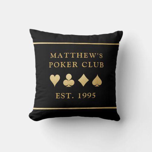 Poker Club Personalized Game Room Gold Card Suits Throw Pillow