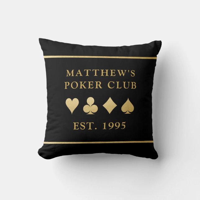 Poker Club Personalized Game Room Gold Card Suits Throw Pillow (Front)