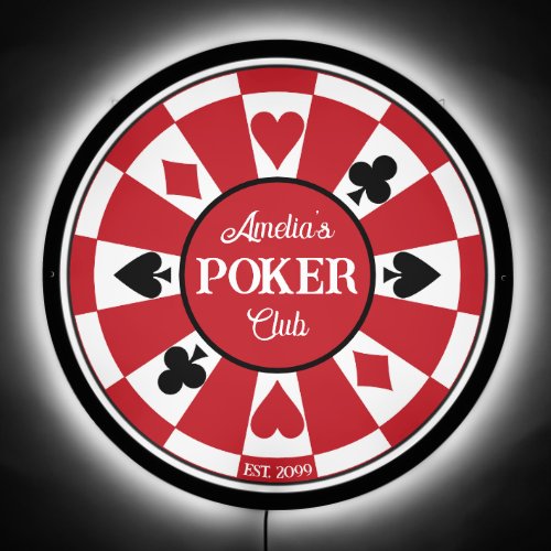 Poker Club Red Poker Chip w Playing Suits LED Sign