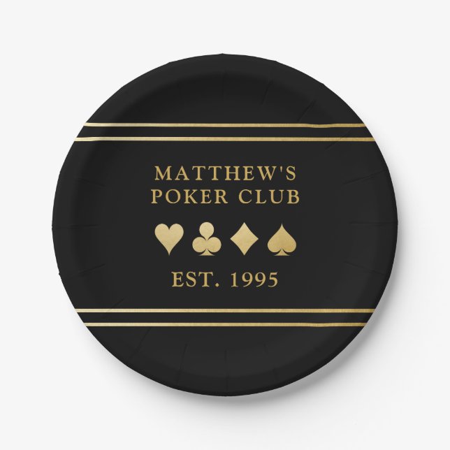 Poker Club Tournament Gold Playing Card Suits Paper Plates (Front)