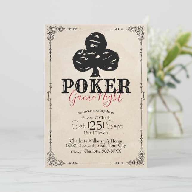 Poker Game Night Vintage Style Clubs Invitation (Standing Front)