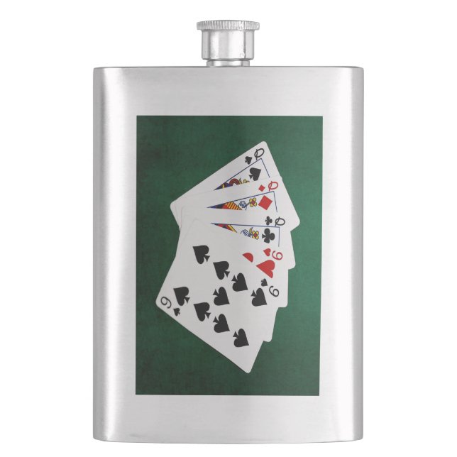 Poker Hands - Full House - Queen and Nine Hip Flask (Front)