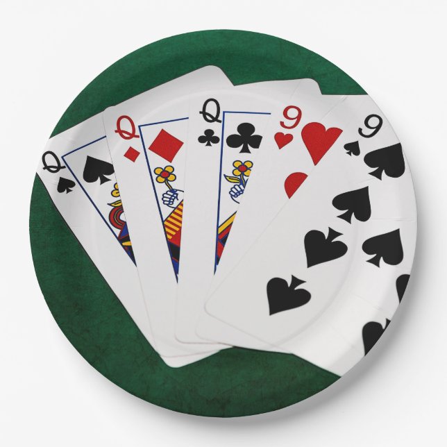 Poker Hands - Full House - Queen and Nine Paper Plates (Front)