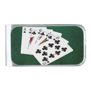 Poker Hands - Royal Flush - Clubs Suit Silver Finish Money Clip