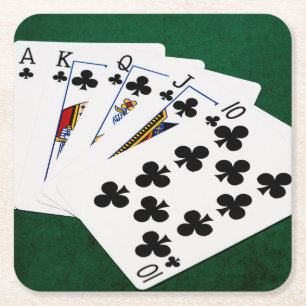 Poker Hands - Royal Flush - Clubs Suit Square Paper Coaster
