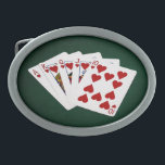 Poker Hands - Royal Flush - Hearts Suit Oval Belt Buckle<br><div class="desc">A combination of five playing cards forming the poker royal flush hand. This is the "hearts" suit royal flush. It is the highest-ranking standard poker hand. Unique gifts and souvenirs for anyone. Just buy one,  have fun,  get lucky,  and be happy!</div>