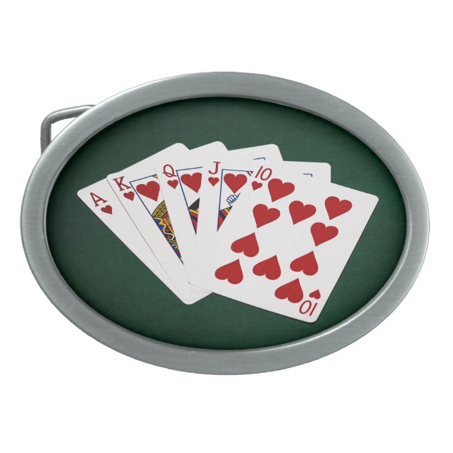 Poker Hands - Royal Flush - Hearts Suit Oval Belt Buckle (Front)
