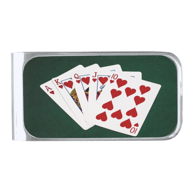 Poker Hands - Royal Flush - Hearts Suit Silver Finish Money Clip (Front)