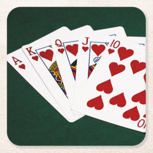 Poker Hands - Royal Flush - Hearts Suit Square Paper Coaster