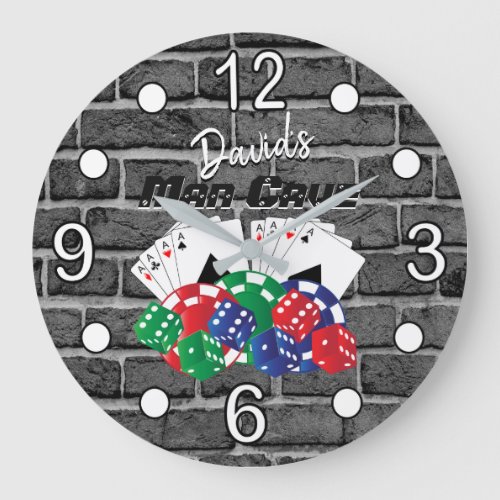 Poker Night at the Man Cave on Brick Large Clock