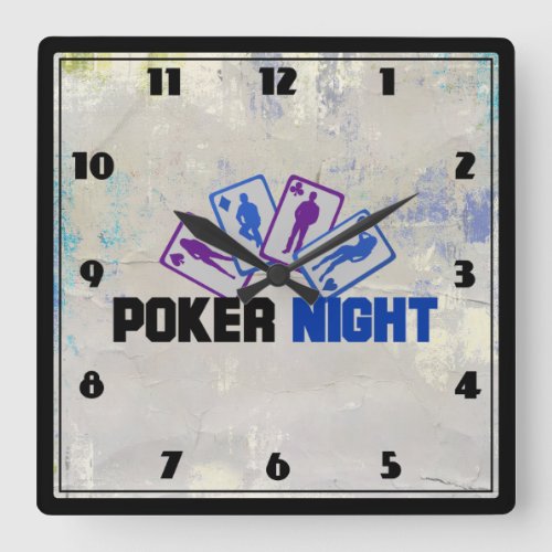 Poker Night with Playing Card in Blue and Purple Square Wall Clock