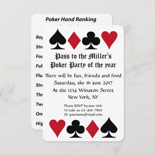 Poker Party Invitation With Hand Ranking Reminder