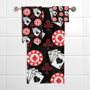 Poker Pattern Aces Crosses Playing Cards Black Red Bath Towel Set