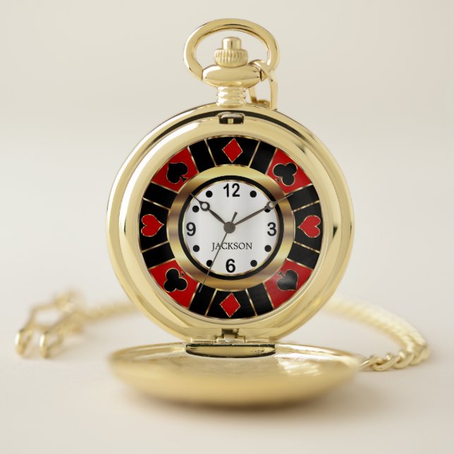 Poker Player Chip in Red & Gold - Las Vegas Style Pocket Watch (Inside)
