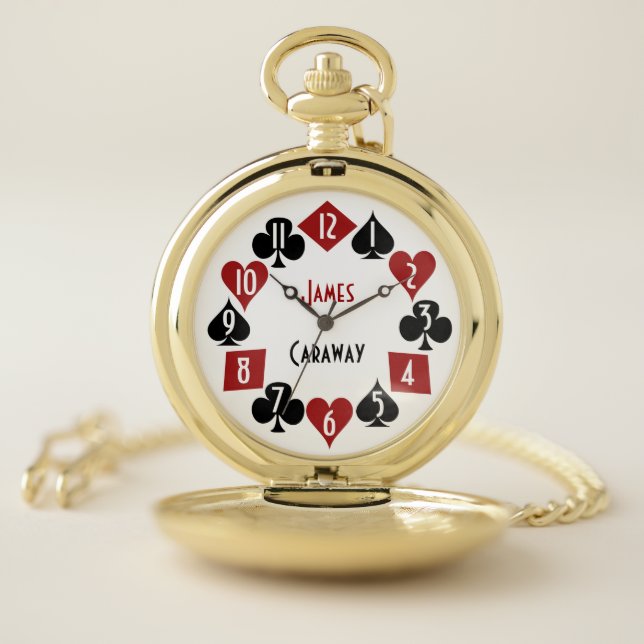 Poker Player Gambler Casino Card Suit Custom Name Pocket Watch (Inside)