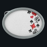 Poker Player Gambler Playing Card Suits Las Vegas Belt Buckle<br><div class="desc">Gray,  textured background with polygonal playing cards symbols. Symbols of playing cards,  heart,  diamond,  spade and club.</div>