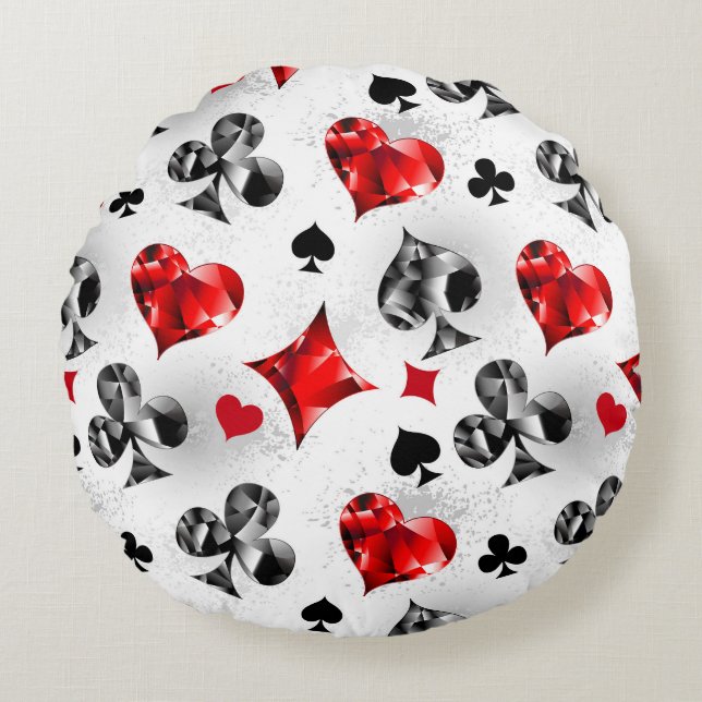 Poker Player Gambler Playing Card Suits Las Vegas Round Pillow (Front)