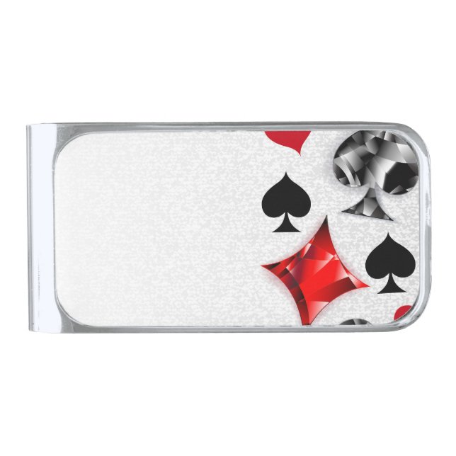 Poker Player Gambler Playing Card Suits Las Vegas Silver Finish Money Clip (Front)