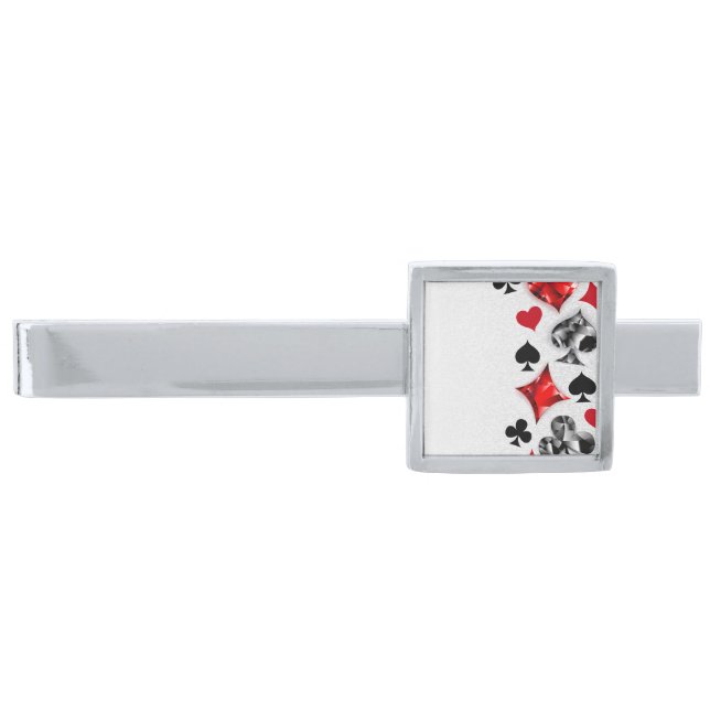 Poker Player Gambler Playing Card Suits Las Vegas Silver Finish Tie Bar (Front)
