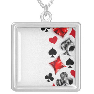 Poker Player Gambler Playing Card Suits Las Vegas Silver Plated Necklace