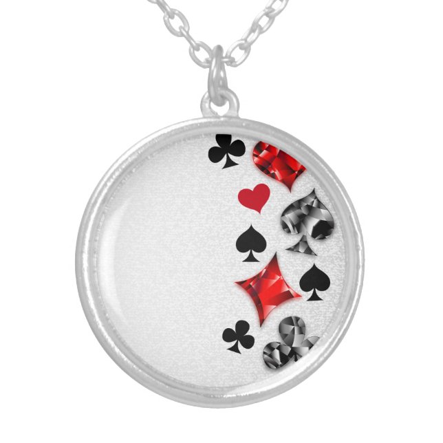 Poker Player Gambler Playing Card Suits Las Vegas Silver Plated Necklace (Front)