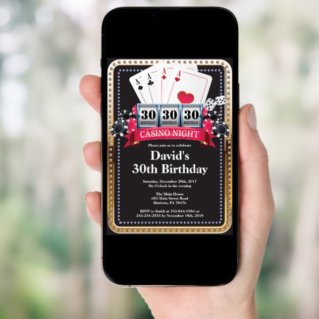 Poker Playing Card Casino Gold birthday invitation (Front Digital)