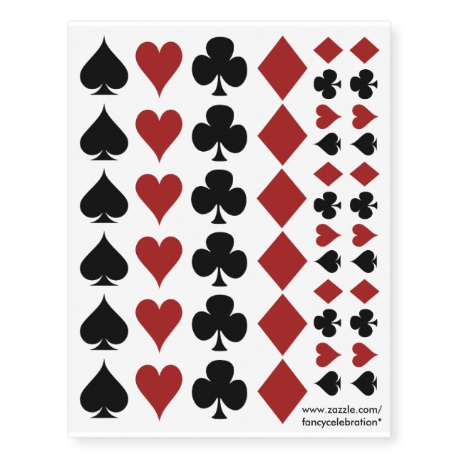 Poker Playing Card Suits, Clovers Spades Hearts... Temporary Tattoos (Front)
