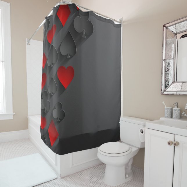 Poker Playing Card Suits on Black Shower Curtain (In Situ)