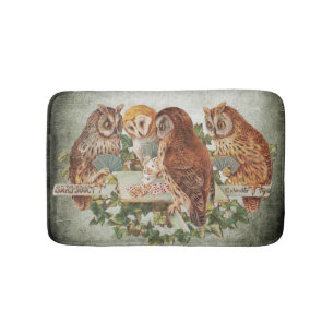 Poker Playing Owls Vintage Illustration Bath Mat
