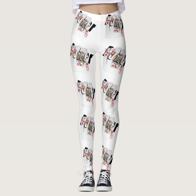 Poker Queens Logo, Ladies White Pattern Leggings (Front)