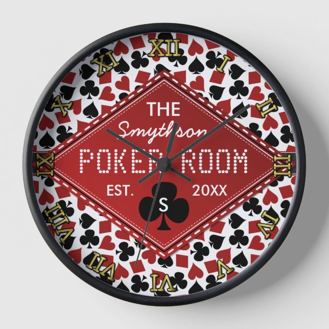 Poker Room Casino Customizable Text Name Suits Wall Clock (Front)