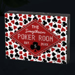 Poker Room Casino Game Personalized Name Monogram Wooden Box Sign<br><div class="desc">Decorate your game room / poker club with this personalized wooden box sign (horizontal, 8"x6"). The design includes a playing card suit pattern (spades, clubs, hearts, diamonds) in red, black, and white, with a central red diamond for your text. Use the easy templates to add your family name, established date,...</div>
